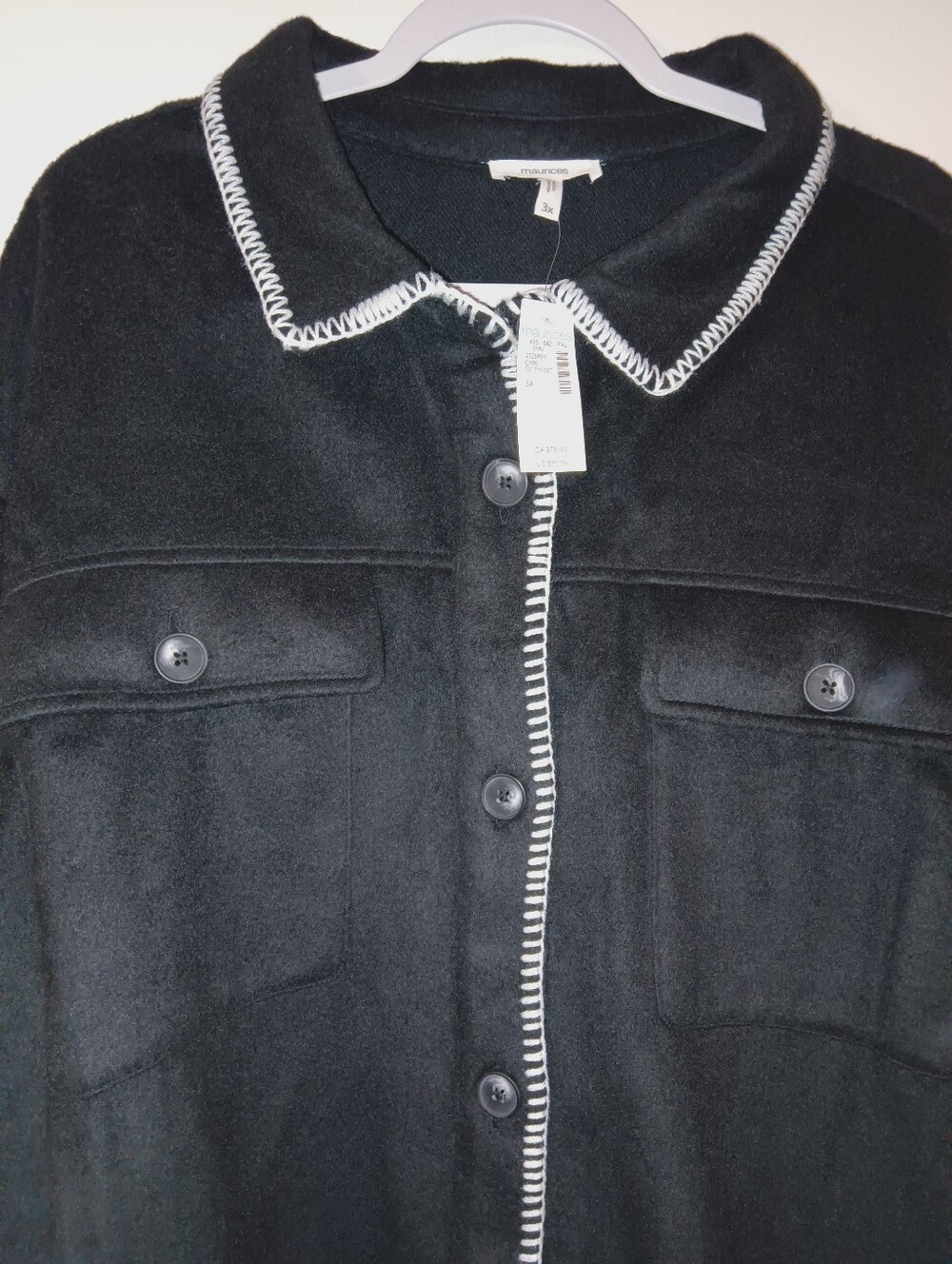 Maurices Black Button-Front Fleece Jacket with White Whipstitch Trim
